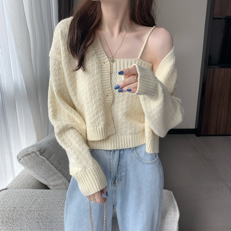 Knitted Camisole And Long Sleeves Cardigan Two-Piece Set