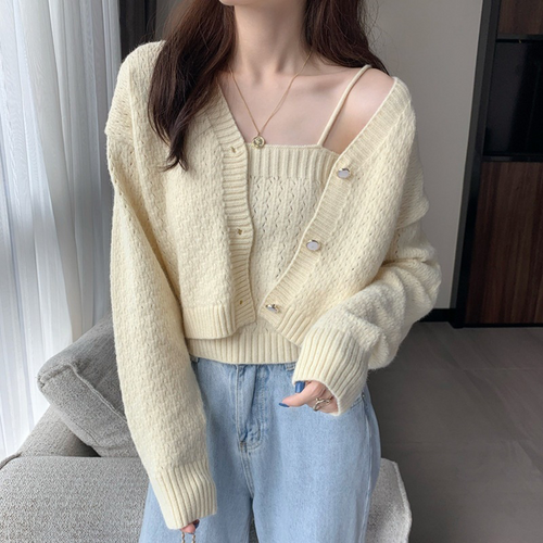 Knitted Camisole And Long Sleeves Cardigan Two-Piece Set